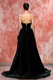 Veludo Preto Uma Linha Strapless Vestido de Noite Longo com Fenda