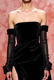 Veludo Preto Uma Linha Strapless Vestido de Noite Longo com Fenda