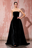 Preto simples sem alças uma linha de veludo vestido de noite