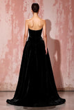 Preto simples sem alças uma linha de veludo vestido de noite