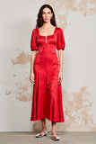 Cetim Vermelho Pescoço Quadrado Longo Vestido De Noiva Convidado