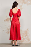 Cetim Vermelho Pescoço Quadrado Longo Vestido De Noiva Convidado