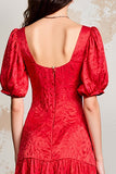 Cetim Vermelho Pescoço Quadrado Longo Vestido De Noiva Convidado