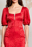 Cetim Vermelho Pescoço Quadrado Longo Vestido De Noiva Convidado