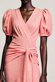 Bainha Rosa Ruched Longos Vestido Para Casamento Convidada