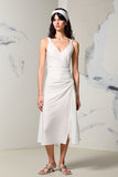 Marfim V-Neck Ruched Weding Guest Dress com fenda
