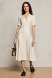 Marfim Uma Linha V-Neck Midi Vestido de Noiva com Mangas