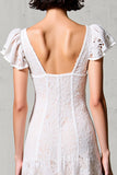Renda Branca V-Neck Bainha Vestido de Noiva Convidado