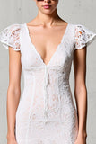Renda Branca V-Neck Bainha Vestido de Noiva Convidado