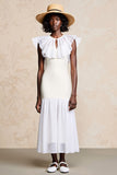 Tule branco babado longo vestido de noiva convidado