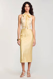 Halter amarelo bodycon midi arco vestido de casamento convidado