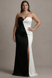 Vestido de noite longo preto e branco para tamanhos plus size e Sweetheart Sheath com fenda