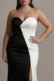 Vestido de noite longo preto e branco para tamanhos plus size e Sweetheart Sheath com fenda
