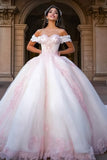 Vestido de bola branco e rosa Princesa Tulle Long Quinceanera Vestido com Apliques