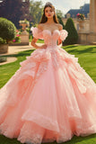 Rosa Tule Ball Gown Princess Long Quinceanera Vestido com Folhos