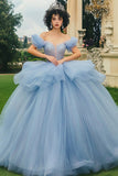 Glitter Dusty Blue Ball Gown Long Off the Shoulder Quinceanera Vestido com Folhos