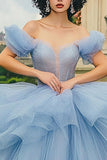 Glitter Dusty Blue Ball Gown Long Off the Shoulder Quinceanera Vestido com Folhos