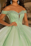 Glitter Luz Tule Verde Vestido de Bola Vestido Longo Quinceanera com Apliques