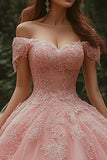 Rosa princesa tule vestido de baile longo vestido quinceanera com renda