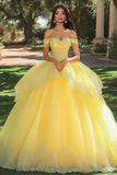 Vestido de bola amarelo Appliqued Tulle Long Quinceanera Dress with Ruffles