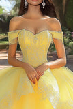 Vestido de bola amarelo Appliqued Tulle Long Quinceanera Dress with Ruffles