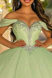 Glitter Verde Luz Vestido de Bola Longo Tule Quinceanera Vestido com Apliques