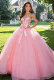 Sparkly Pink Ball Gown Tulle Querida Long Quinceanera Vestido com Arco