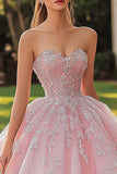 Rosa Princesa Long Tulle Quinceanera Vestido com Renda