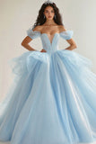 Sky Blue Ball Gown Princesa Glitter Long Tulle Quinceanera Vestido com Folhos