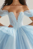 Sky Blue Ball Gown Princesa Glitter Long Tulle Quinceanera Vestido com Folhos