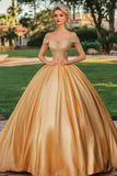 Glitter Gold Ball Gown Off the Shoulder Princess Long Quinceanera Vestido com Apliques