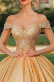 Glitter Gold Ball Gown Off the Shoulder Princess Long Quinceanera Vestido com Apliques