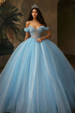 Sky Blue Glitter Corset Ball Gown Long Princess Quinceanera Vestido com Folhos
