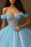 Sky Blue Glitter Corset Ball Gown Long Princess Quinceanera Vestido com Folhos