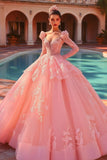 Vestido de bola rosa tule mangas longas princesa quinceanera vestido com babados