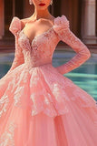 Vestido de bola rosa tule mangas longas princesa quinceanera vestido com babados