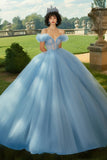 Sky Blue Ball Gown Princesa Tulle Long Quinceanera Vestido com Folhos