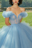 Sky Blue Ball Gown Princesa Tulle Long Quinceanera Vestido com Folhos