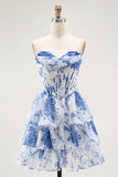Strapless branco azul flor espartilho A-Line Tiered Ruffle Homecoming Dress