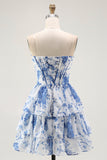 Strapless branco azul flor espartilho A-Line Tiered Ruffle Homecoming Dress