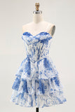 Strapless branco azul flor espartilho A-Line Tiered Ruffle Homecoming Dress