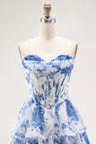 Strapless branco azul flor espartilho A-Line Tiered Ruffle Homecoming Dress