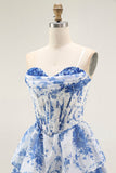 Strapless branco azul flor espartilho A-Line Tiered Ruffle Homecoming Dress