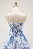 Strapless branco azul flor espartilho A-Line Tiered Ruffle Homecoming Dress