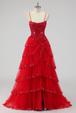 Lavanda Uma Linha Strapless Sequins Corset Tiered Prom Dress com Fenda