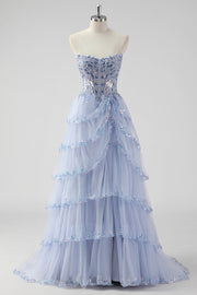 Vestido de Baile Longo Sem Alças em Lavanda Brilhante com Lantejoulas