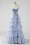 Lavanda Uma Linha Strapless Sequins Corset Tiered Prom Dress com Fenda