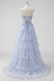 Lavanda Uma Linha Strapless Sequins Corset Tiered Prom Dress com Fenda