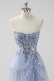 Lavanda Uma Linha Strapless Sequins Corset Tiered Prom Dress com Fenda