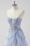 Lavanda Uma Linha Strapless Sequins Corset Tiered Prom Dress com Fenda